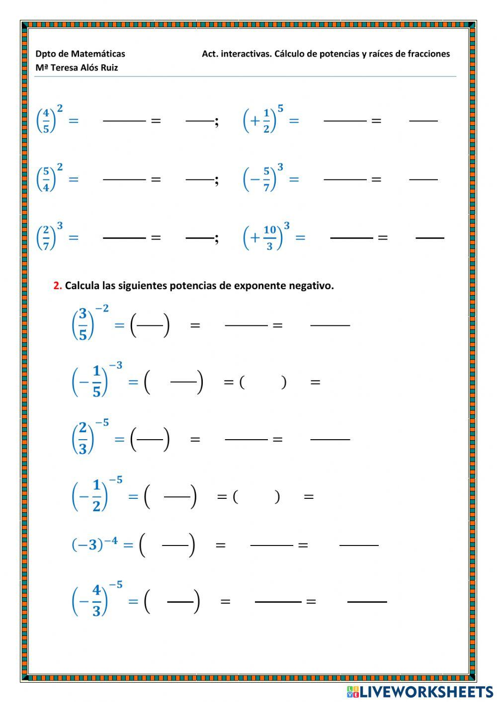 Potencias y raíces de fracciones