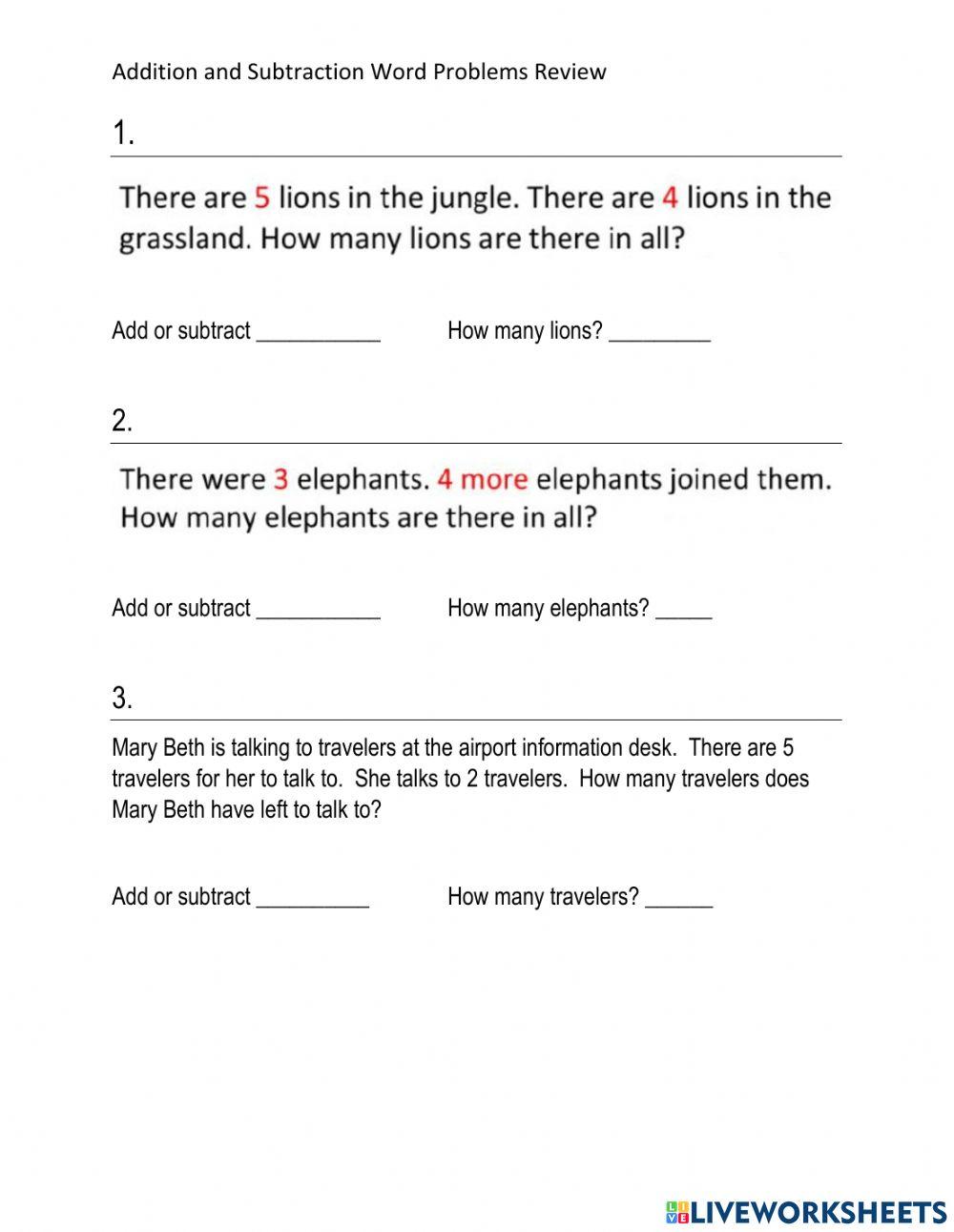 Add and Subtract word problems worksheet review