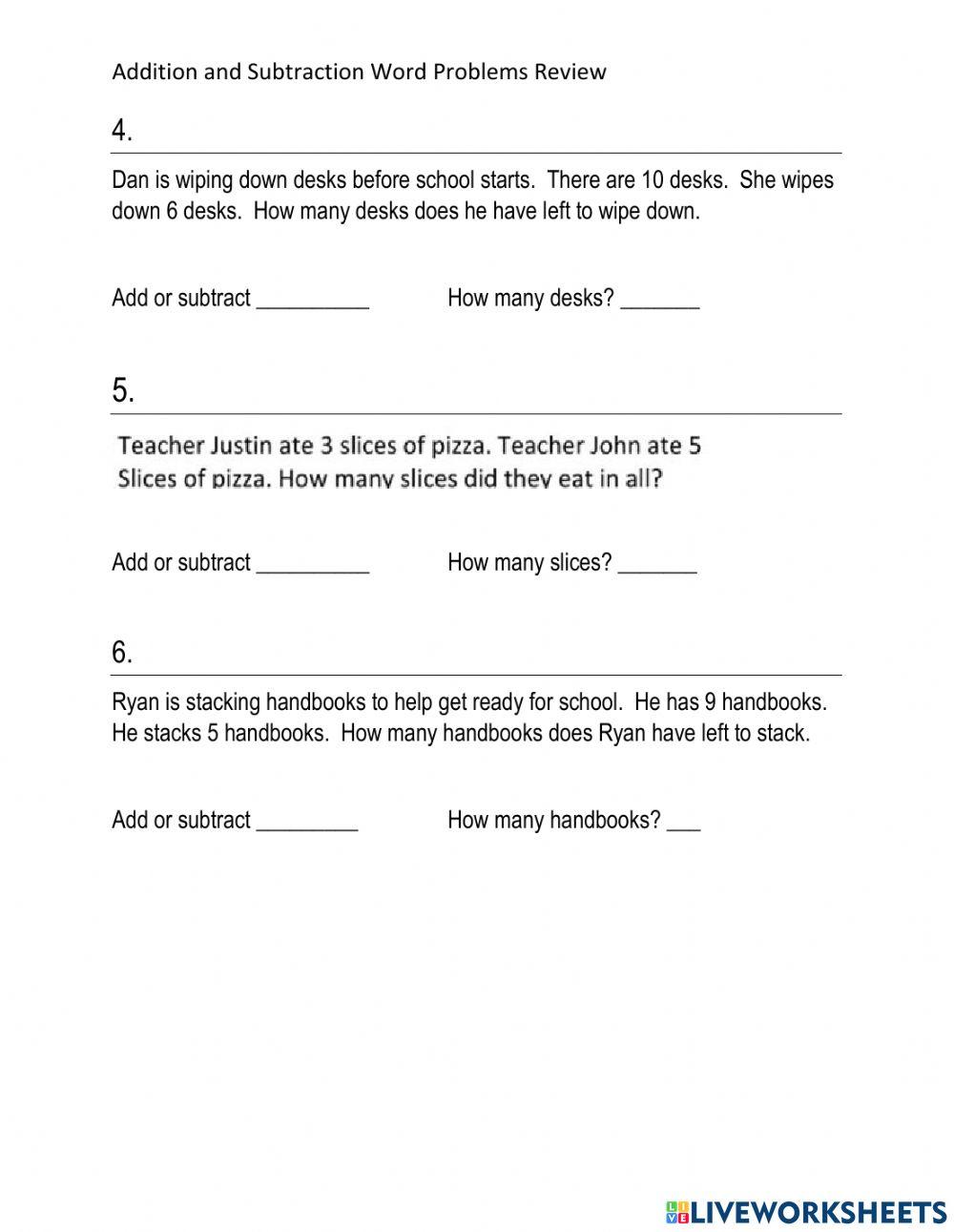 Add and Subtract word problems worksheet review
