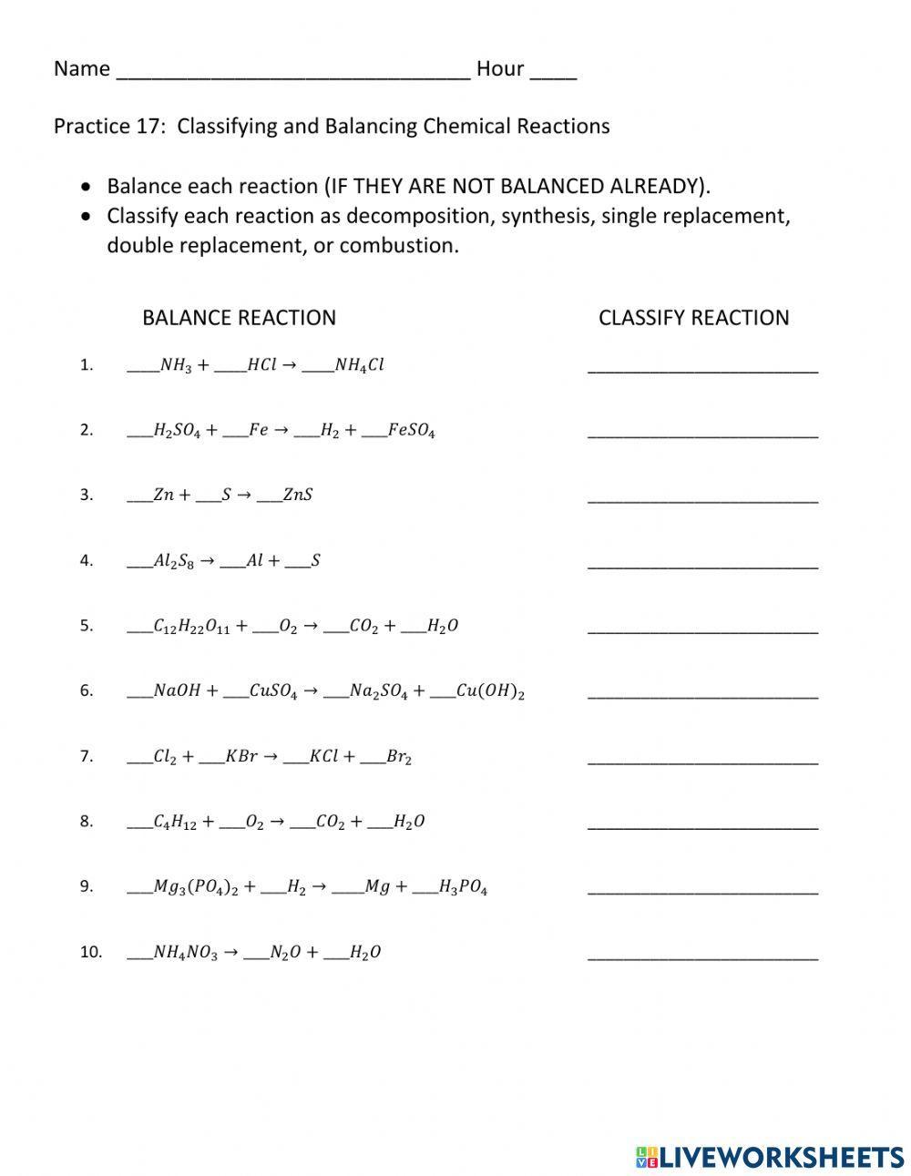 Balancing and Classifying Chemical Reactions worksheet | Live Worksheets balancing-and-classifying-chemical-reactions-worksheet-live-worksheets