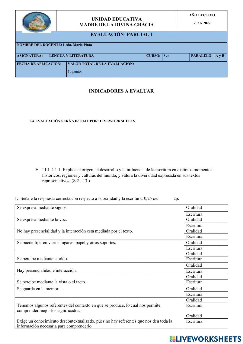Evaluación 8vo de básica