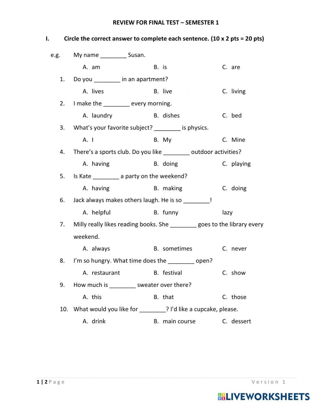 MOET ENGLISH - SEMESTER 1 REVIEW
