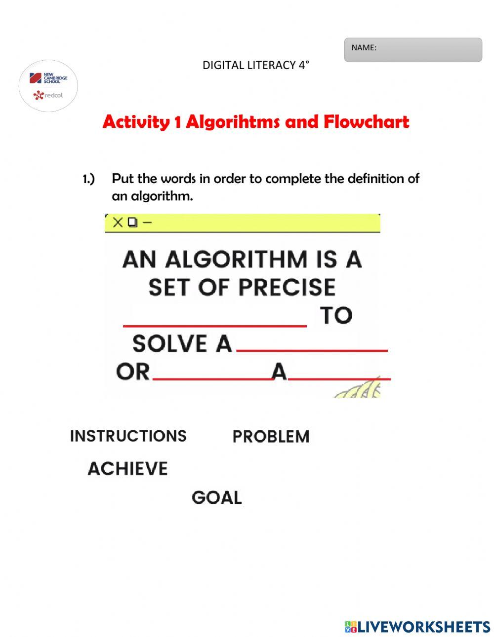 Algorithms and flowchart interactive worksheet | Live Worksheets