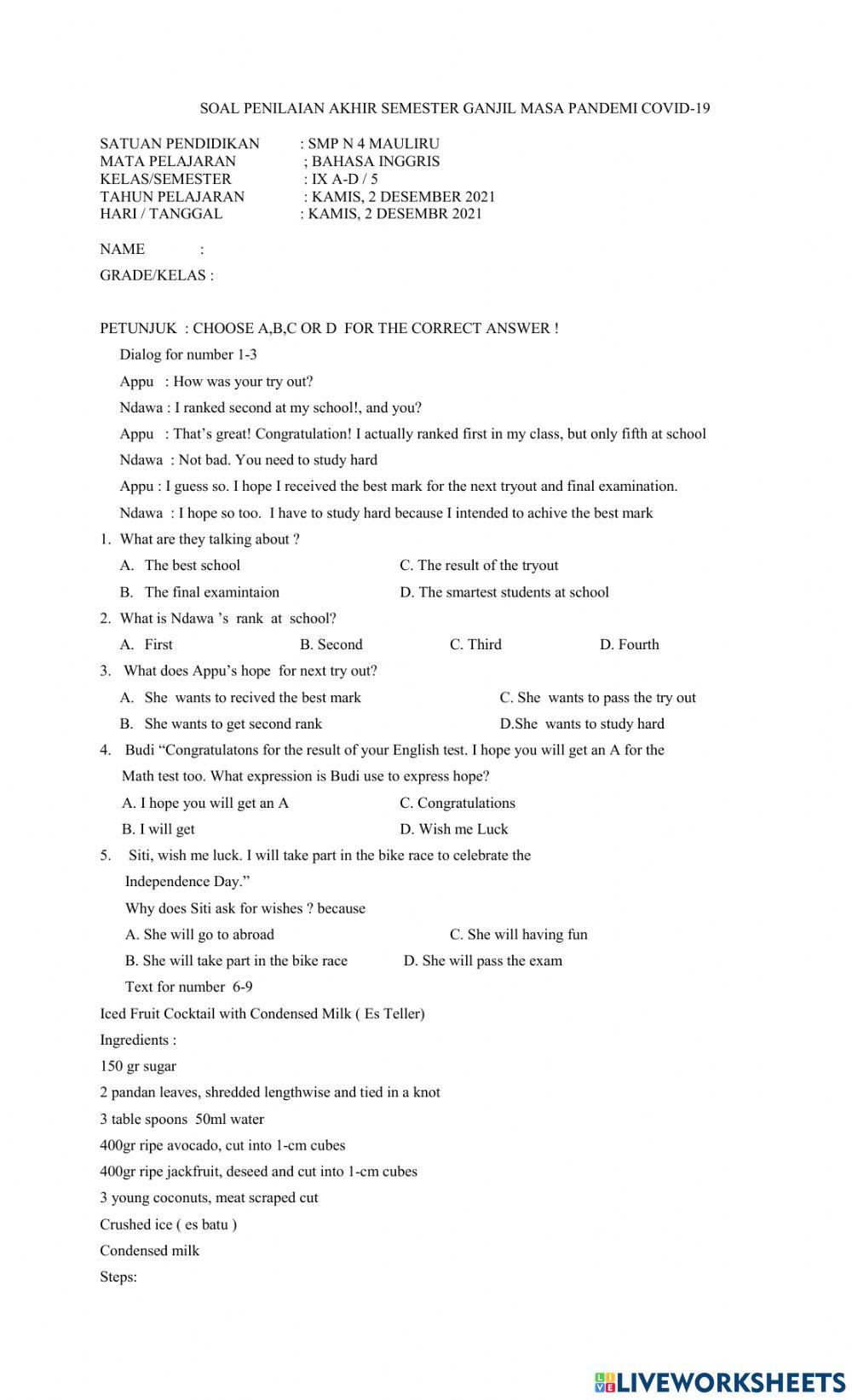 Soal pas ganjil bahasa inggris kelas ix