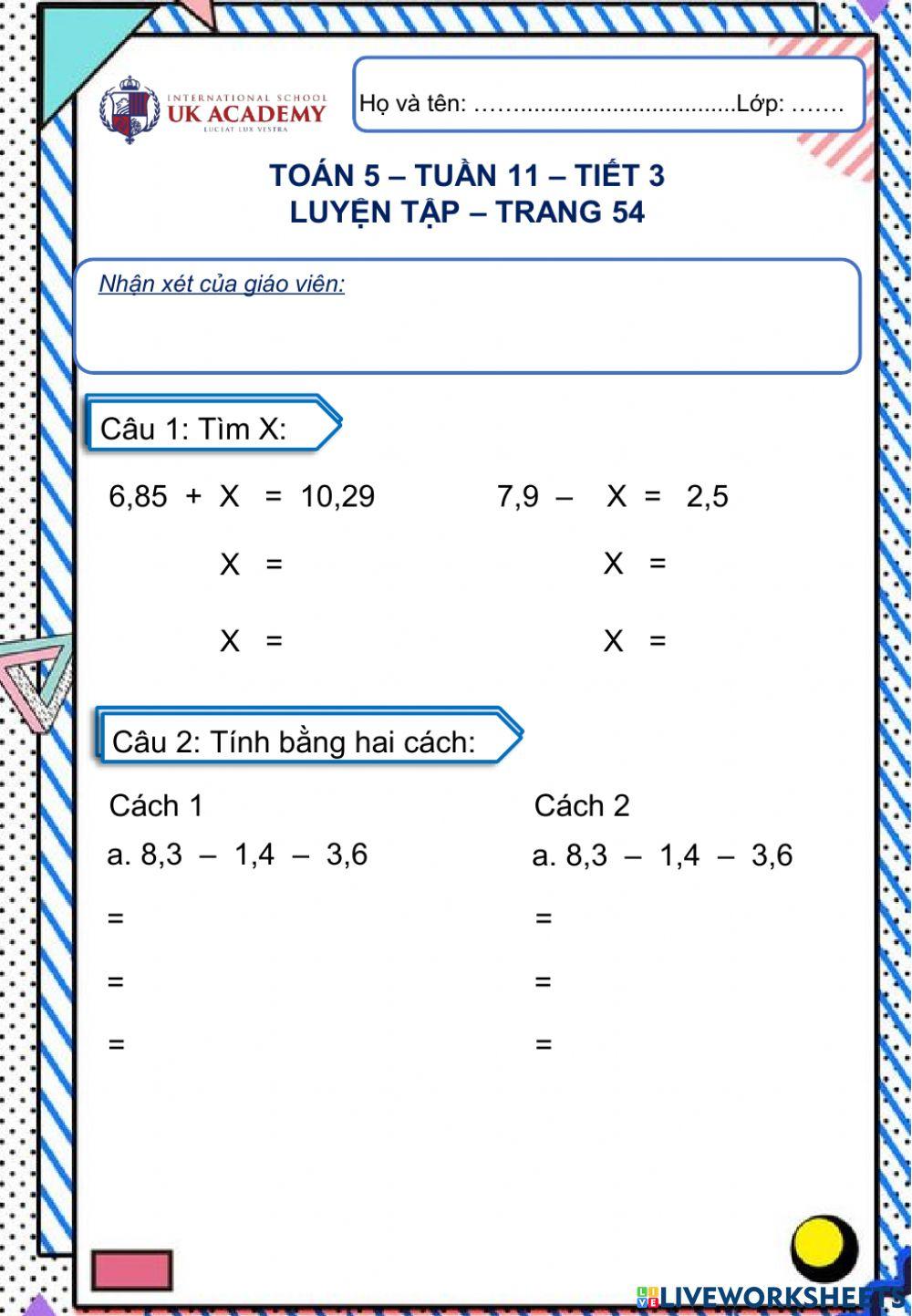 Toán 5 - Tuần 11 - Luyện tập trang 54