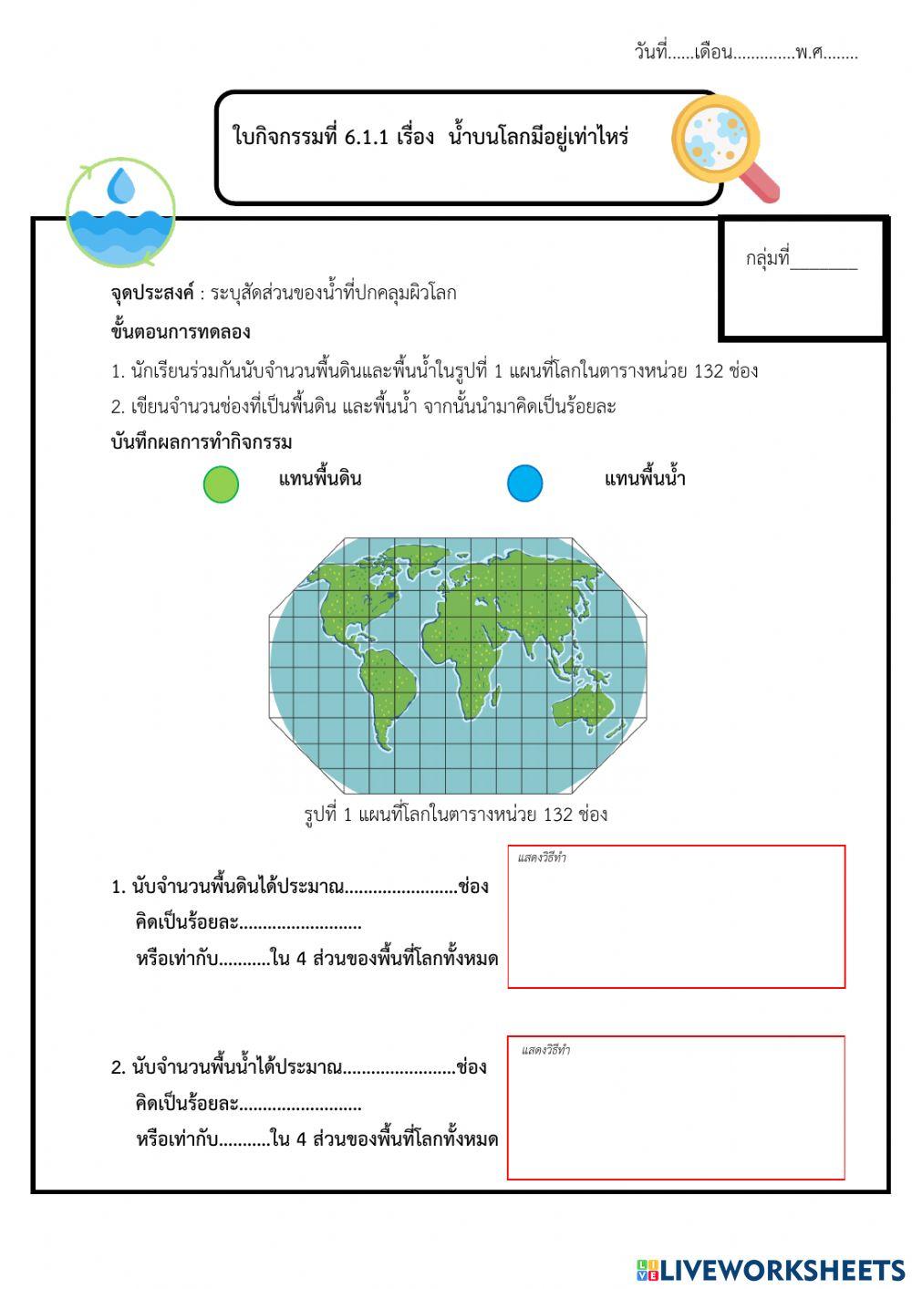 กิจกรรมที่ 6.1.1 น้ำบนโลกมีอยู่เท่าไหร่