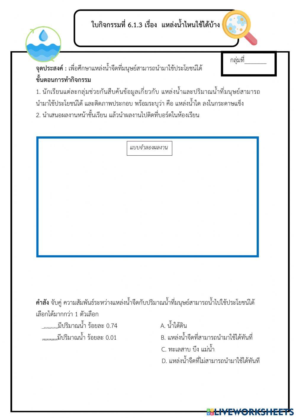 กิจกรรม 6.1.3 แหล่งน้ำไหนใช้ได้บ้าง