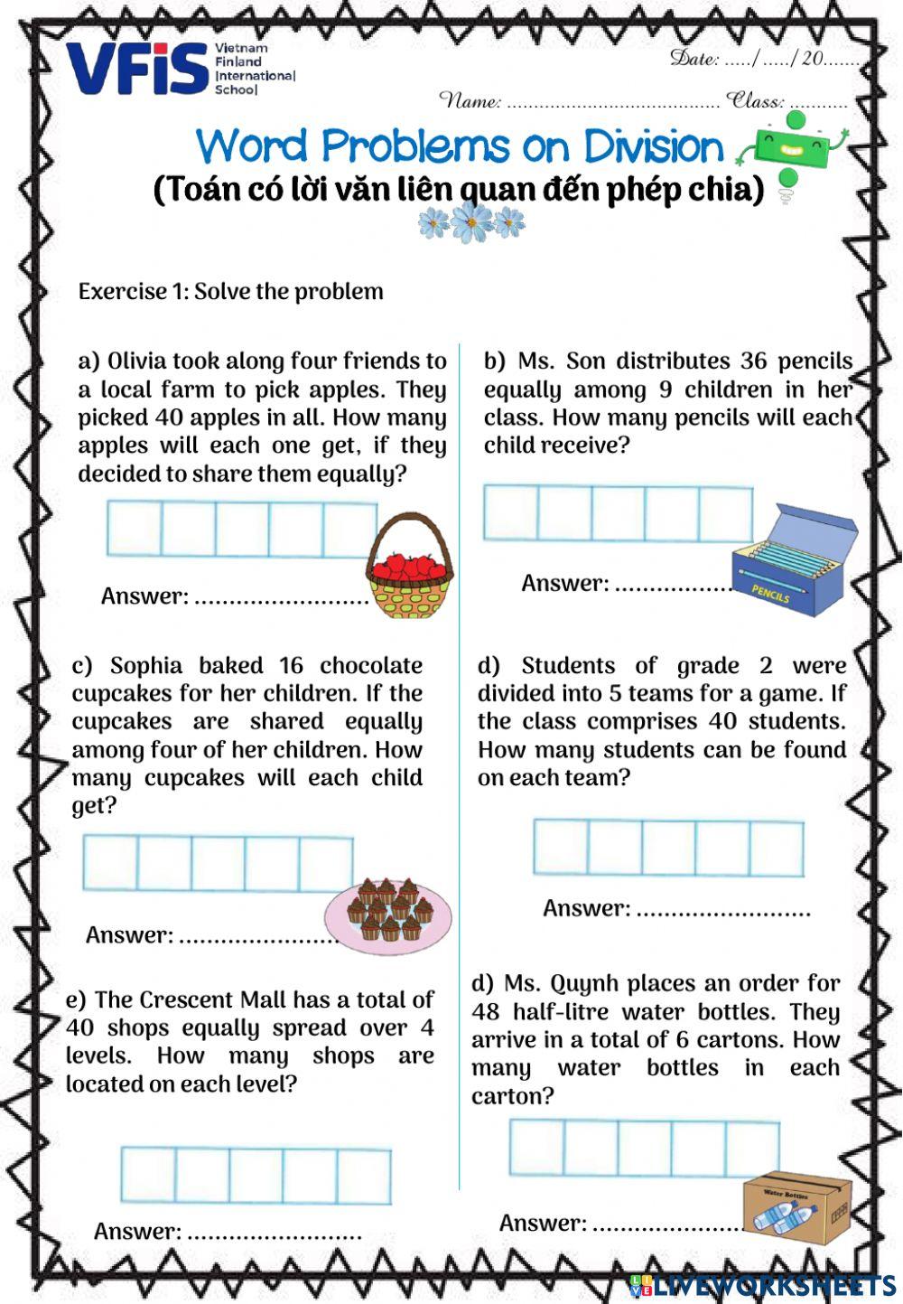 Worksheet - Word Problems on Division - Week 16
