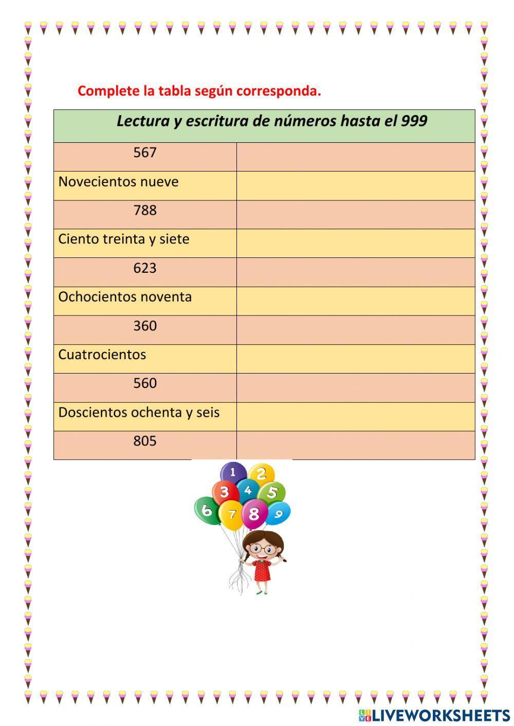 Escritura y lectura de números hasta 999