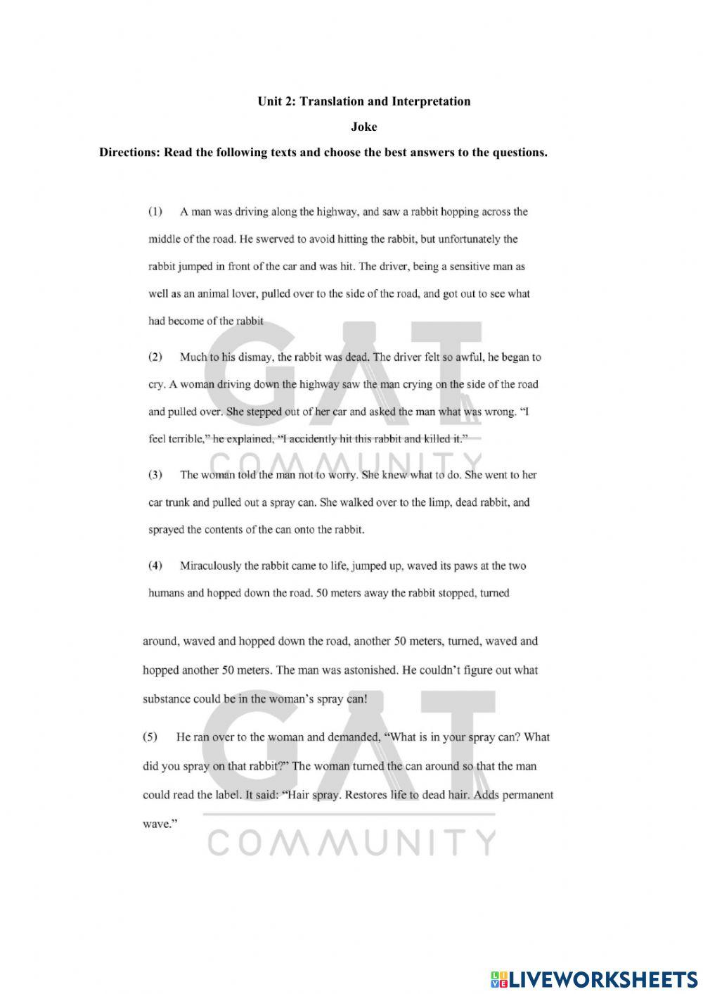 Unit 2 : Joke online exercise for Live Worksheets