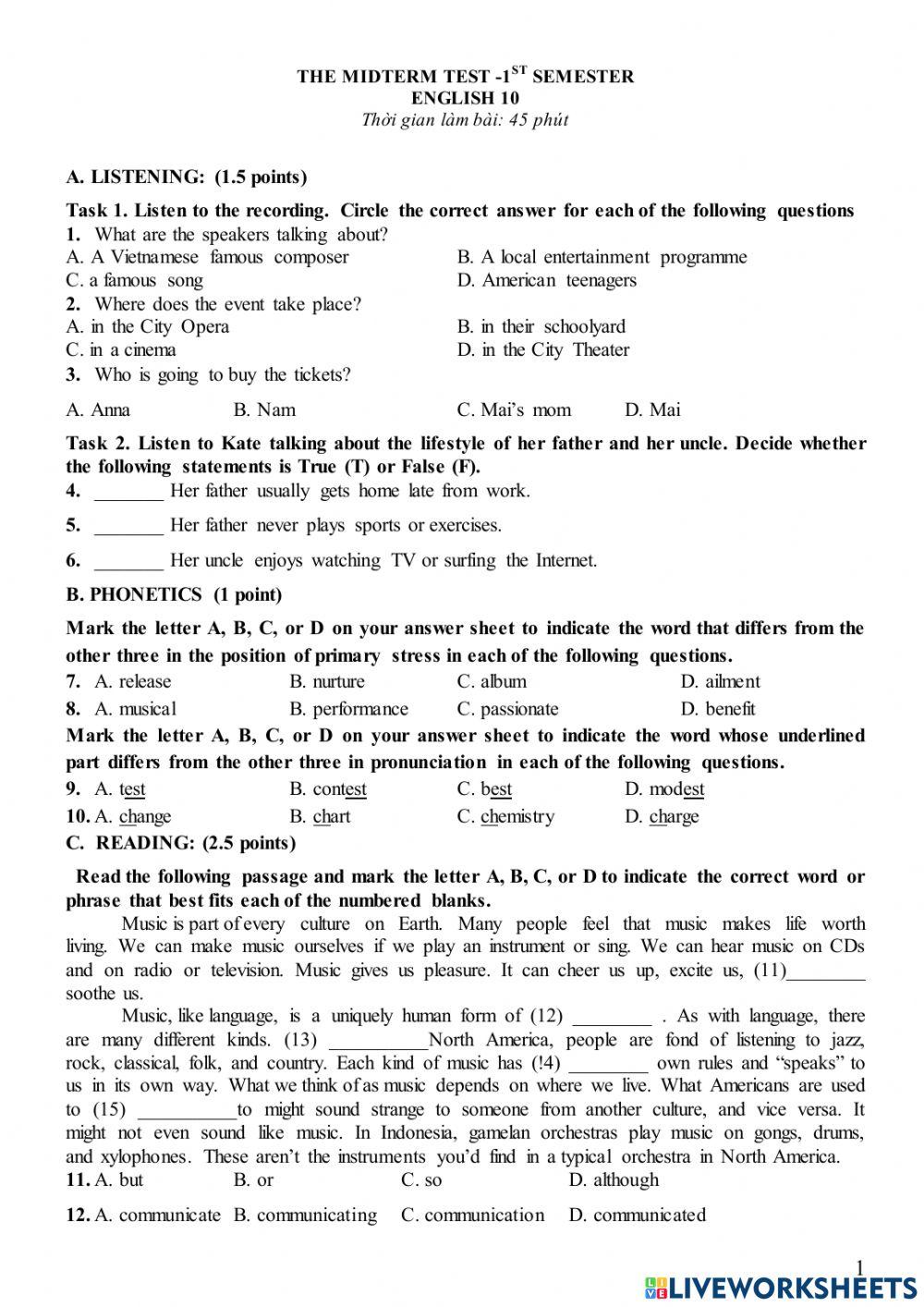 MIDTERM TEST- 1ST SEMESTER