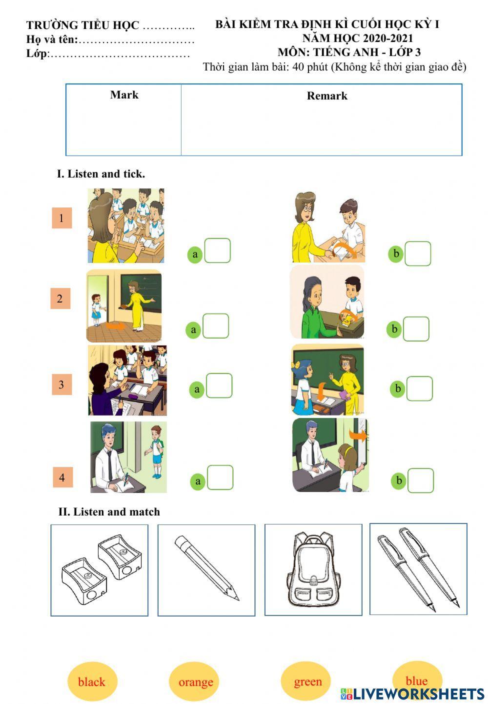 Đề kiểm tra HKII môn Anh lớp 3