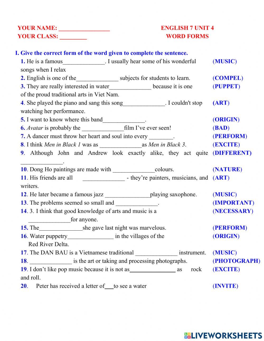 English 9 unit 4 word form
