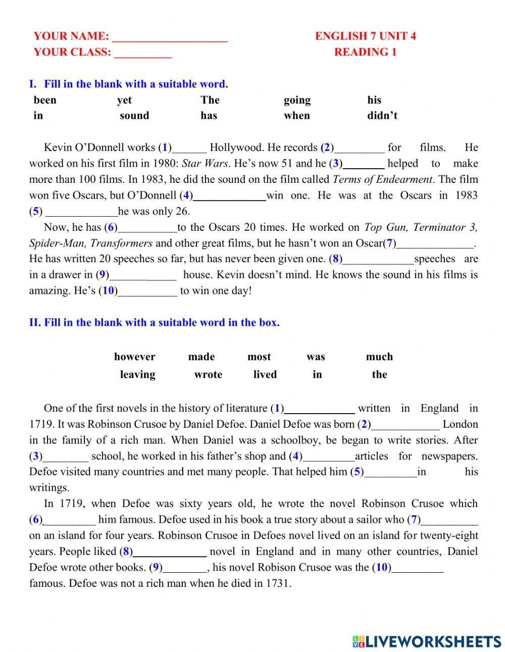 Engish 7 unit 4 reading 1