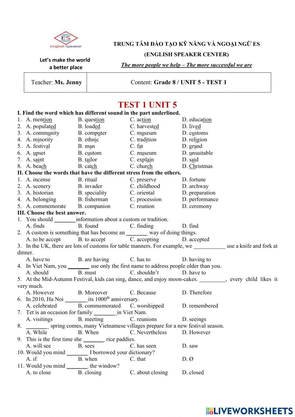 G8 - Unit 5: TEST 1 (01.12)