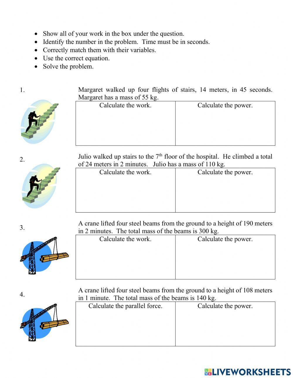 Calculating Work And Power Worksheet Power And Work Done Calculations