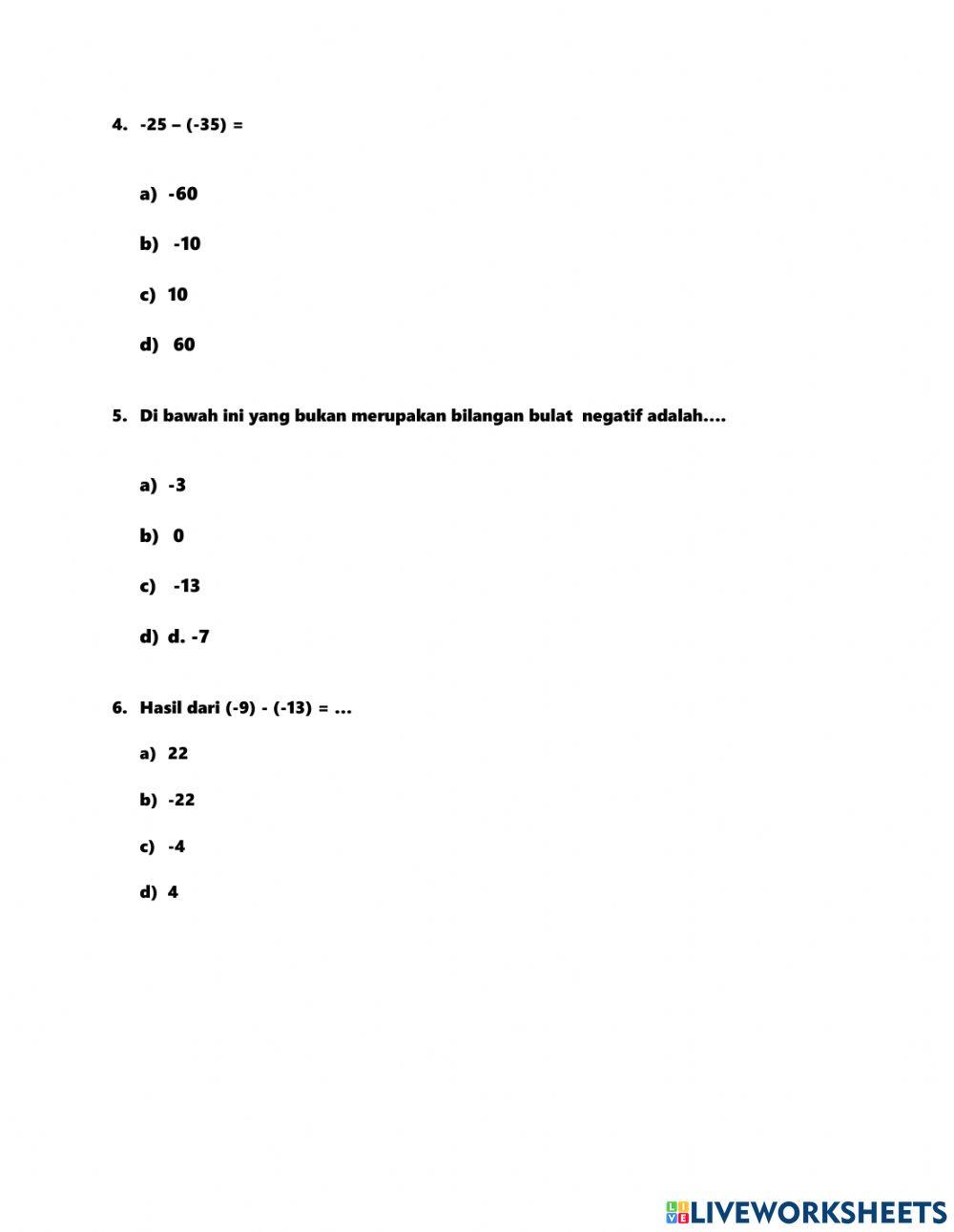 Operasi pengurangan bilangan negatif