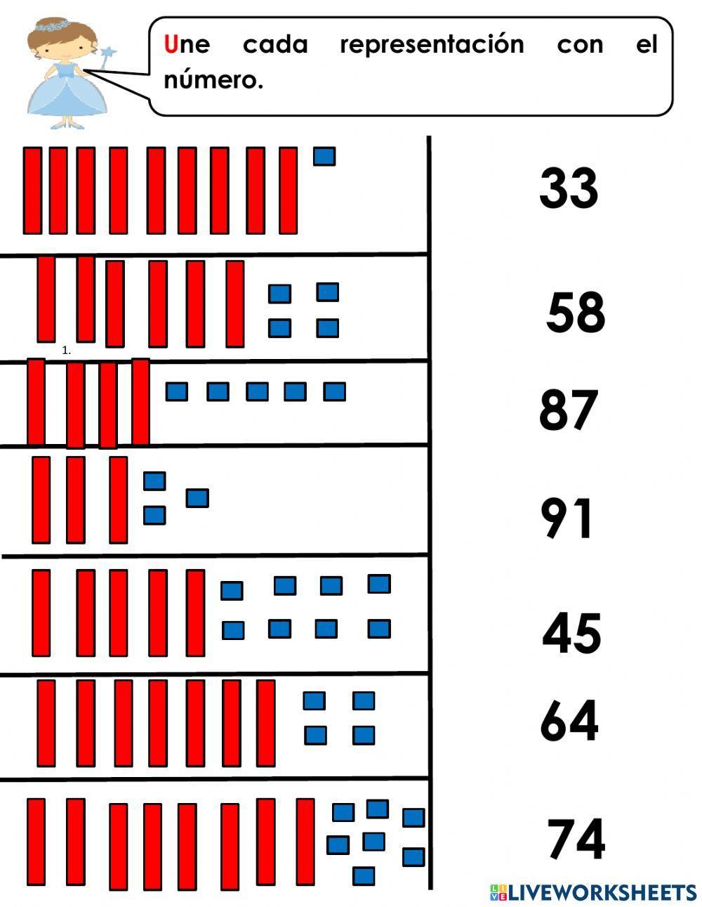 Unir números con su representación en decenas y unidades.
