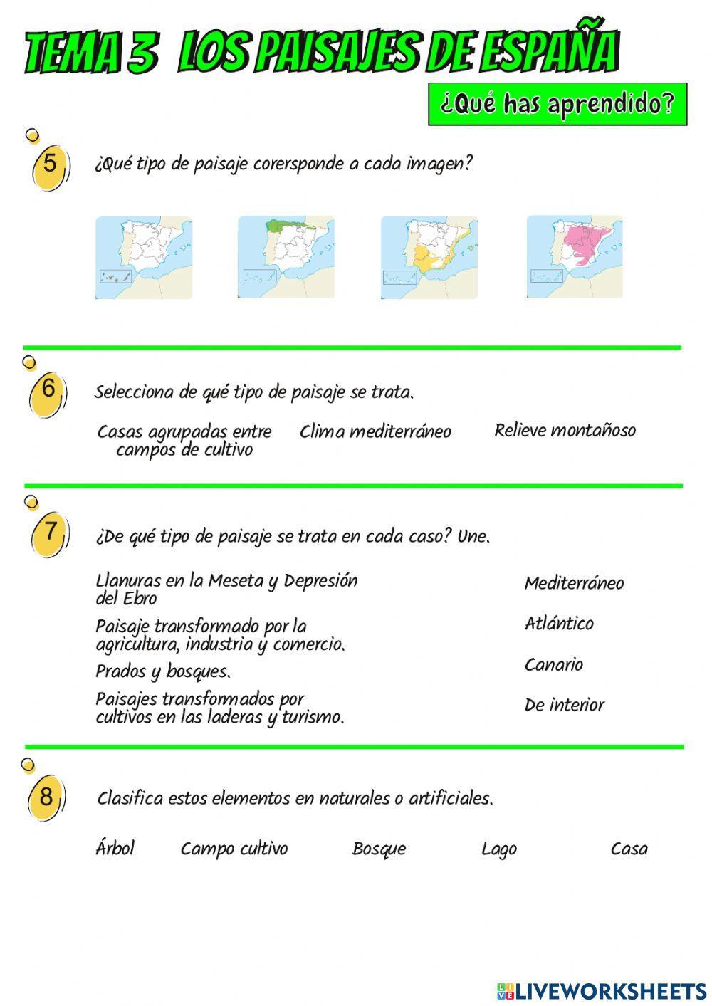 Los paisajes de España ficha de repaso.