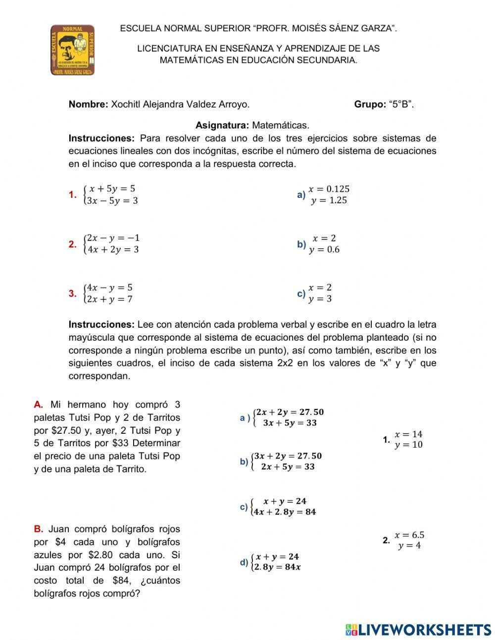 Sistemas de ecuaciones lineales con dos incógnitas
