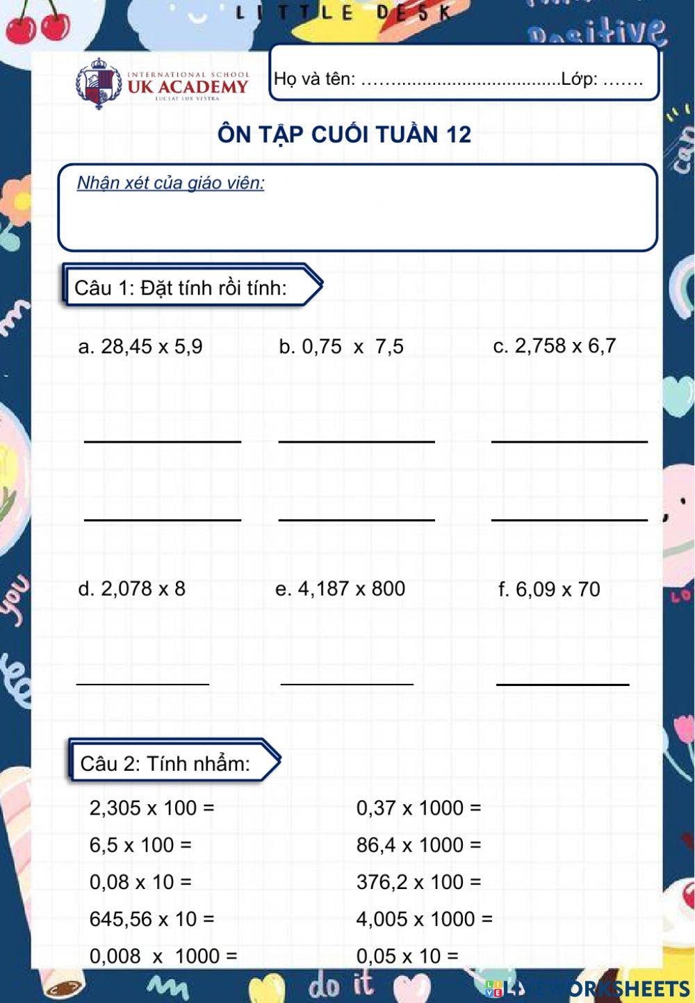 Toán 5 - Ôn cuối tuần 12