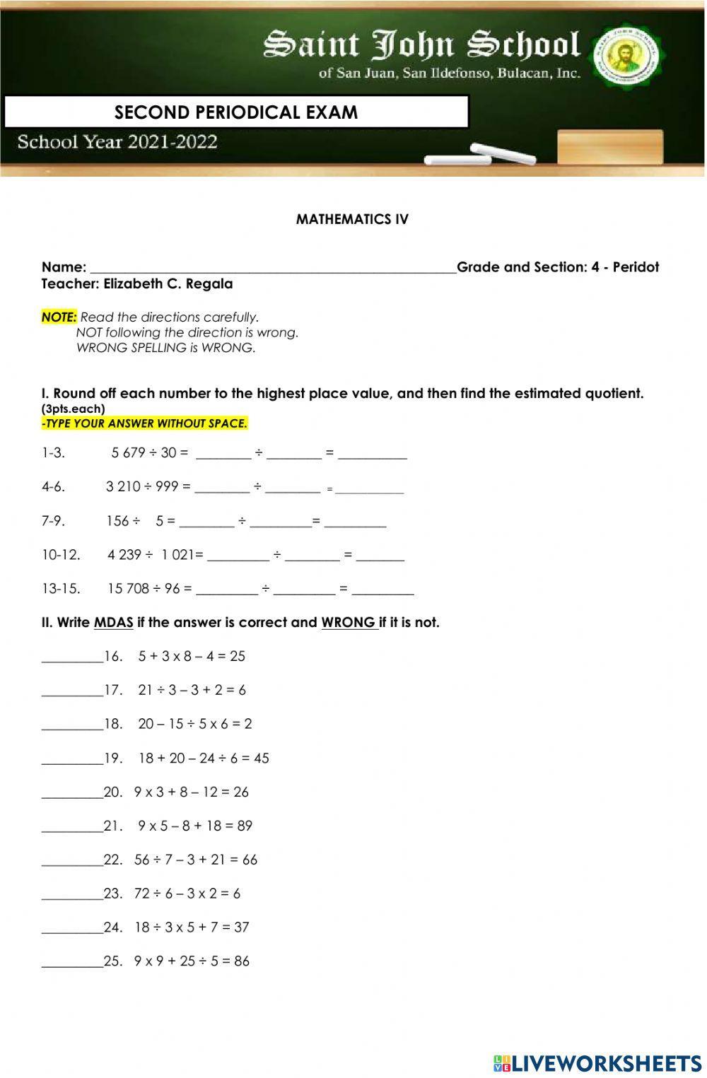 Mathematics 4 - 2nd Periodical Exam
