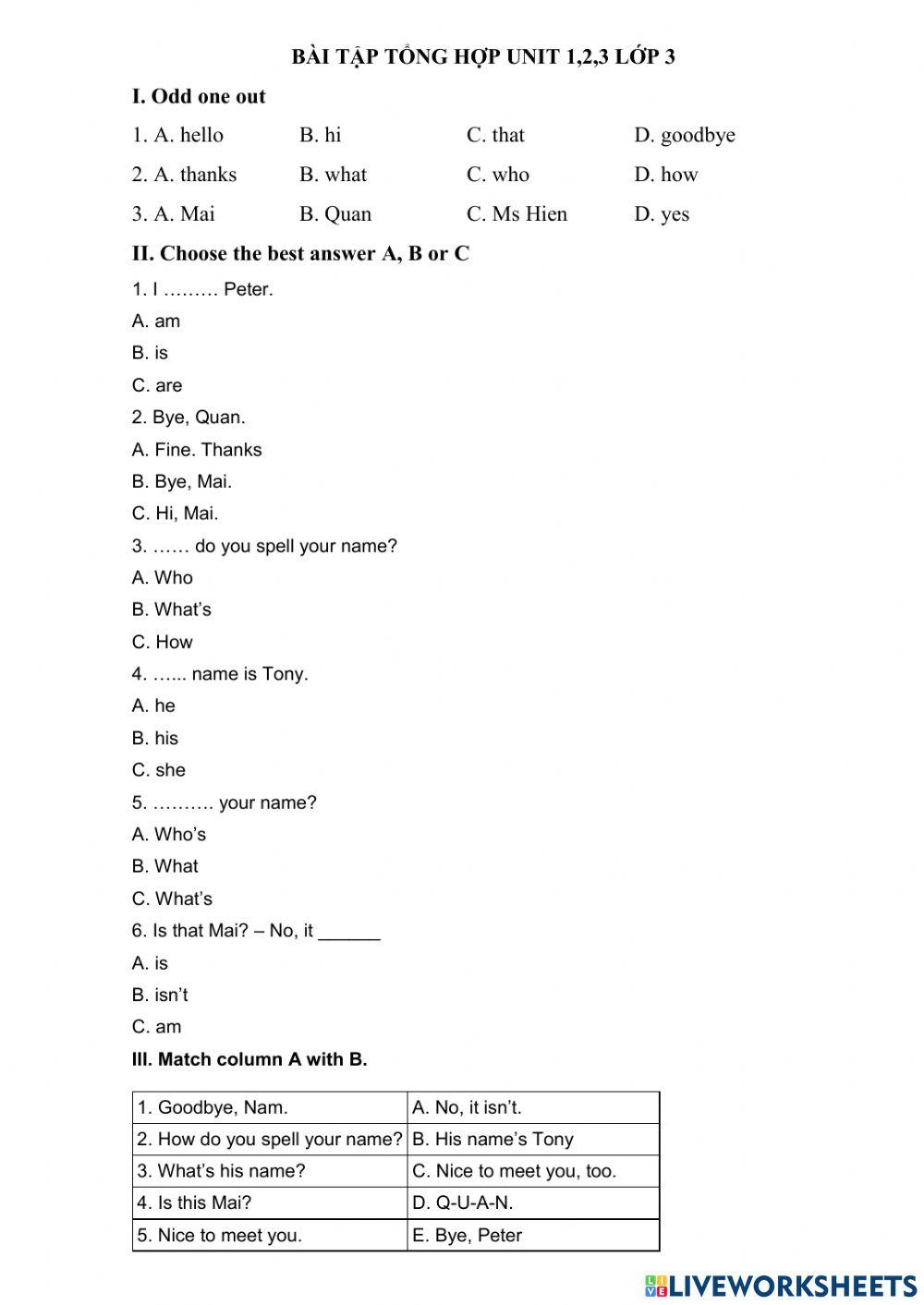 Review unit 1, 2, 3 Grade 3