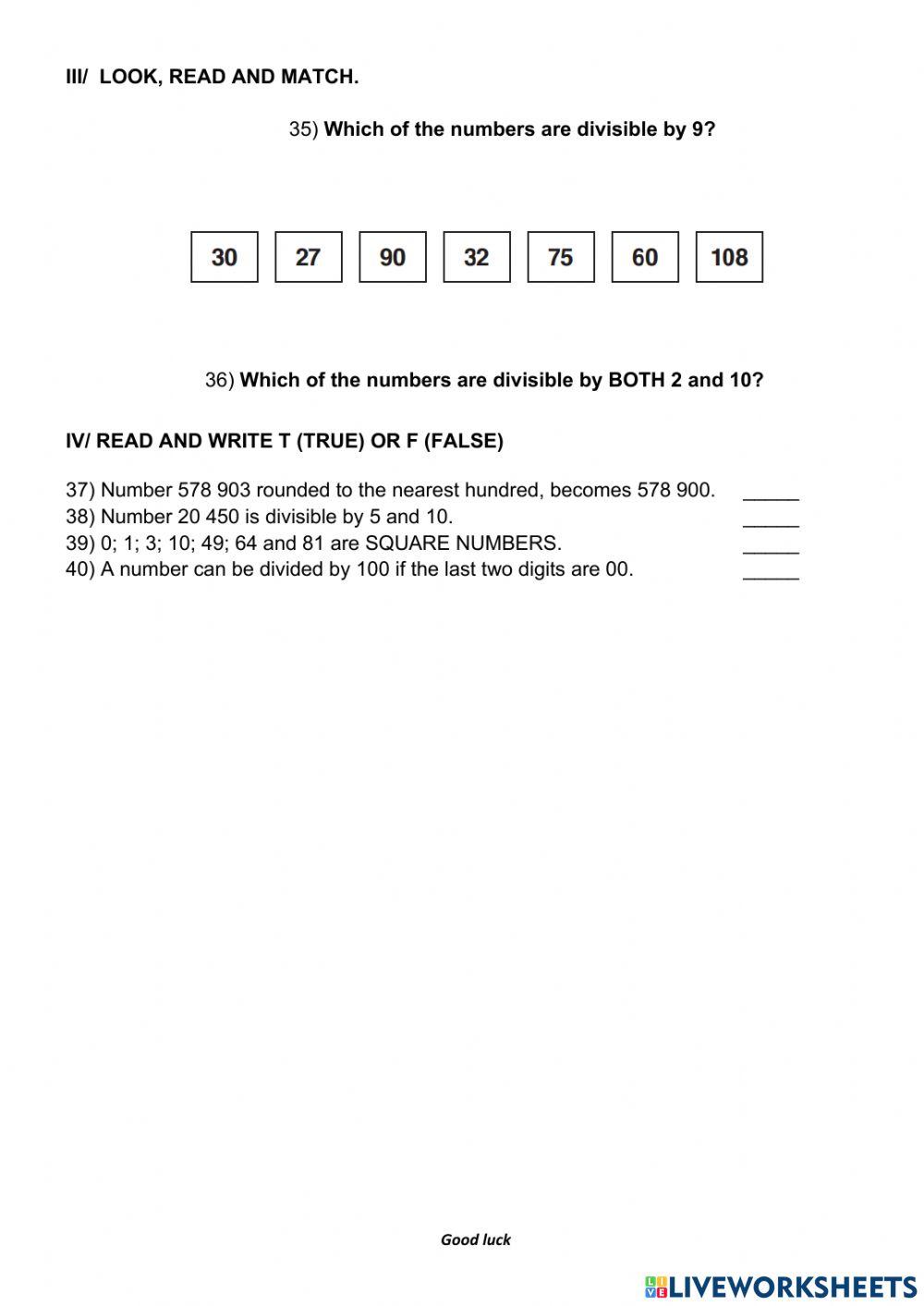 Revision 1- mat… | Free Interactive Worksheets | 1723063