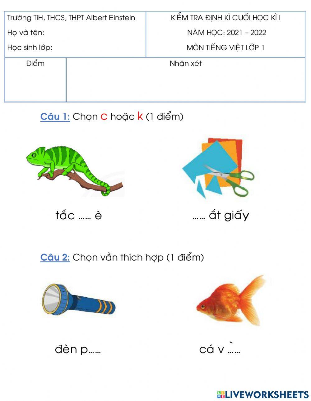 Tiếng việt - đánh giá cuối kì 1