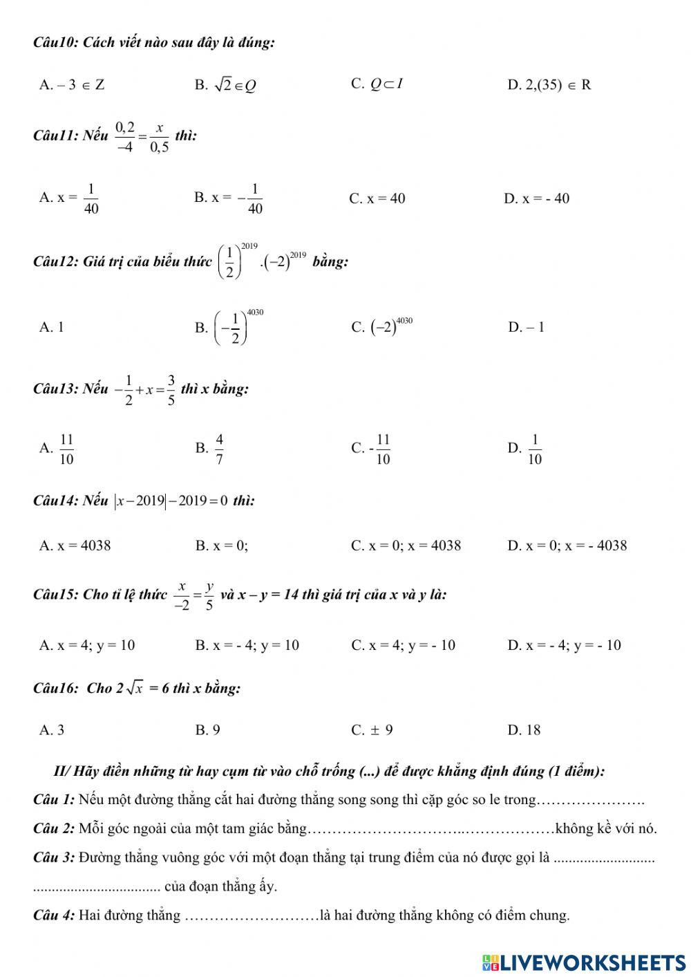 Trắc nghiệm HK1 Toán 7 19