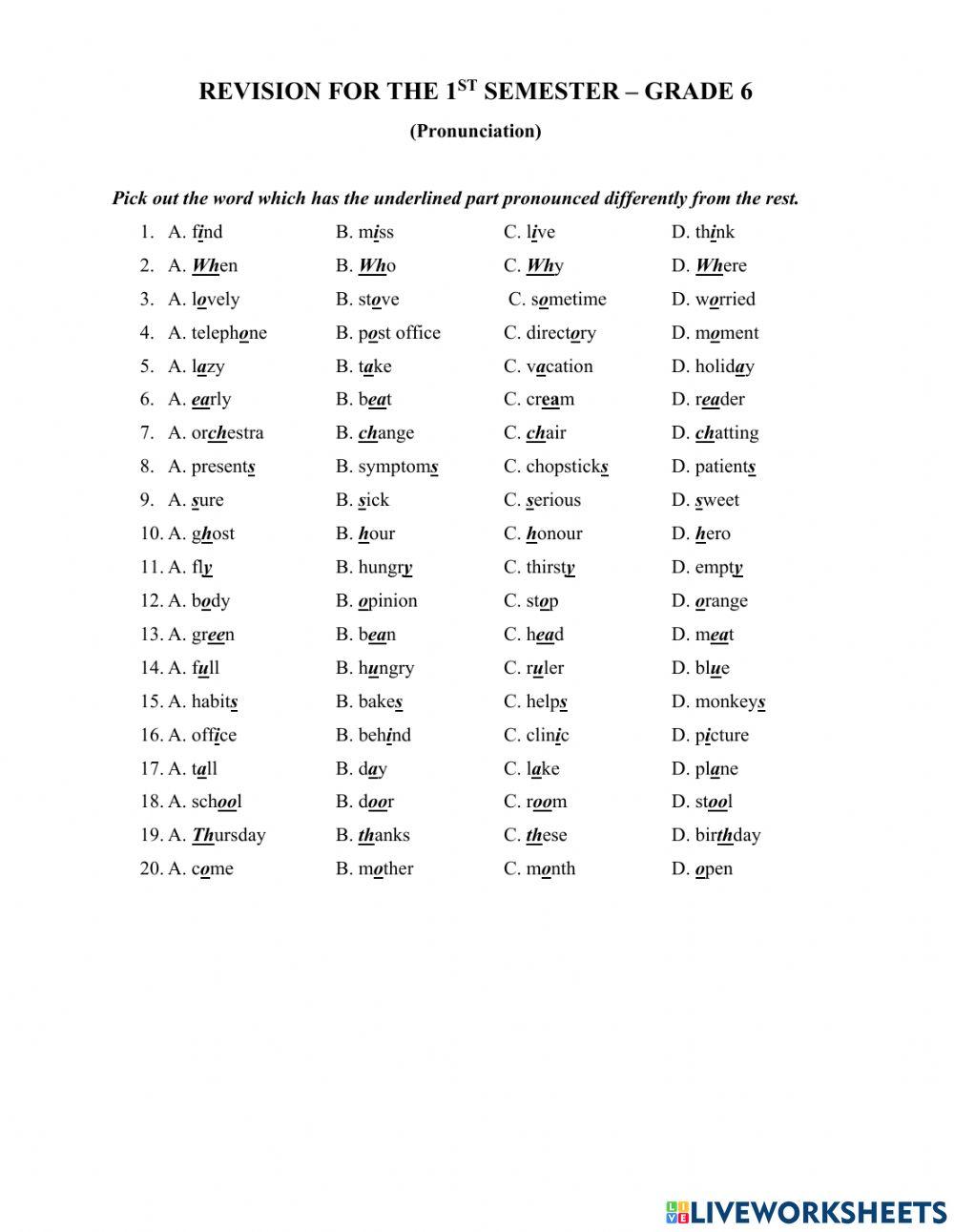 Review for the 1st semester - grade 6 (Pronunciation)