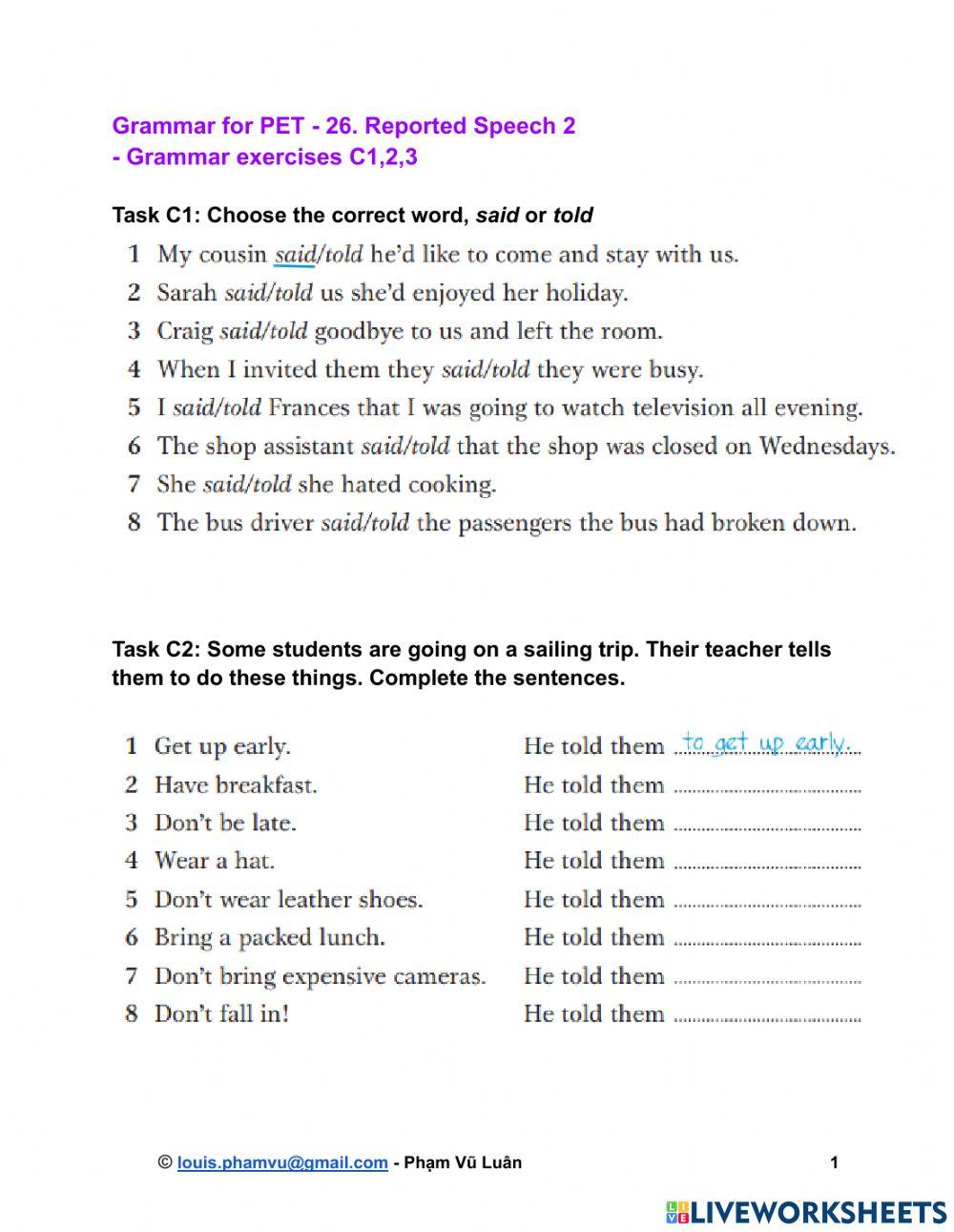 Grammar for PET - 26. Reported Speech 2  - Grammar exercises C1,2,3