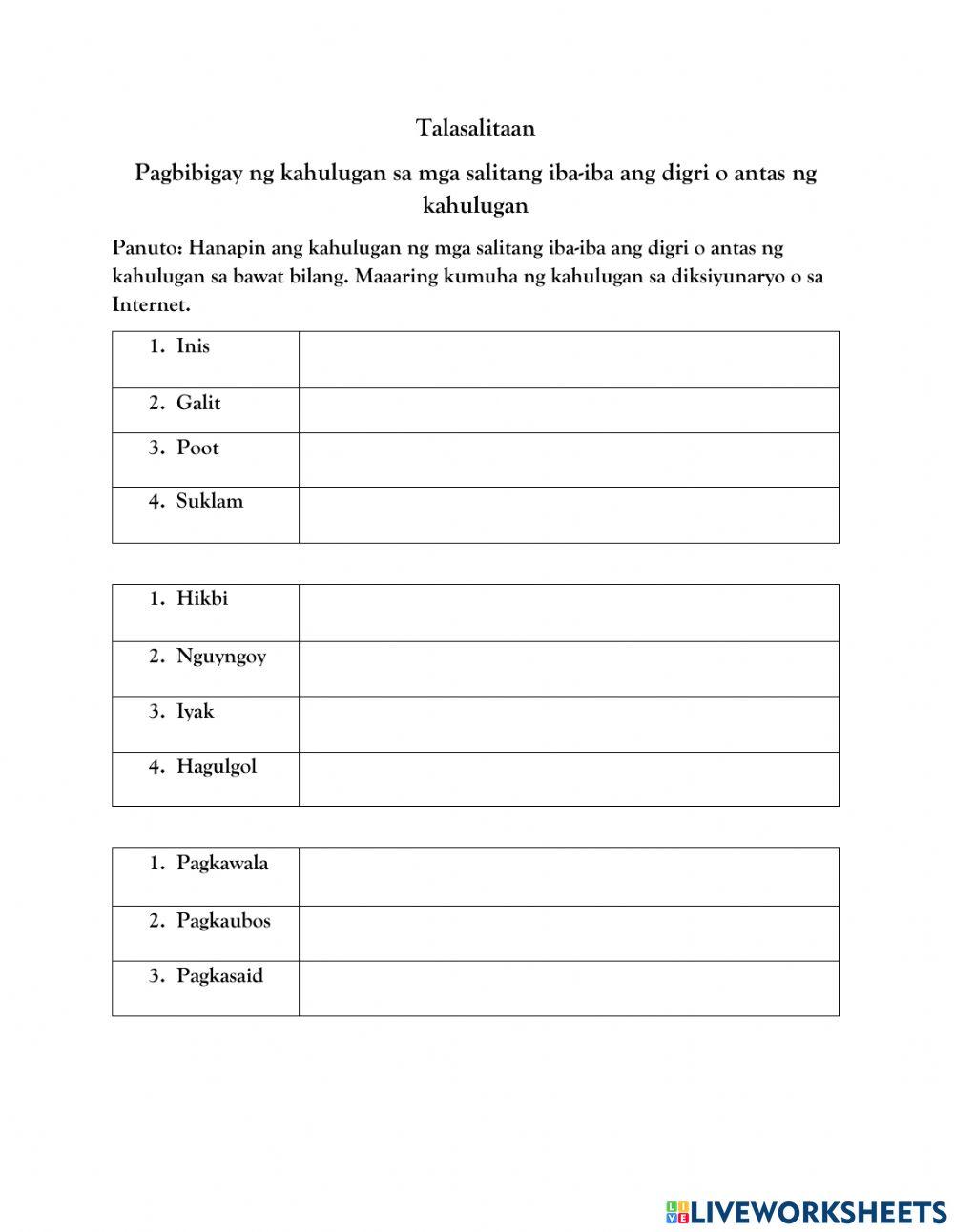 Mga salitang may iba't ibang digri o antas