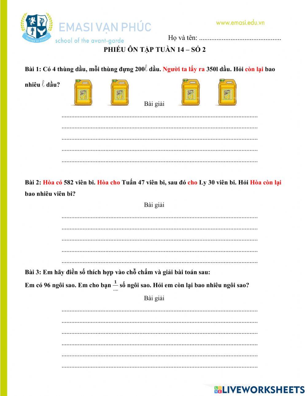 Phiếu ôn toán tuần 14 -  số 2