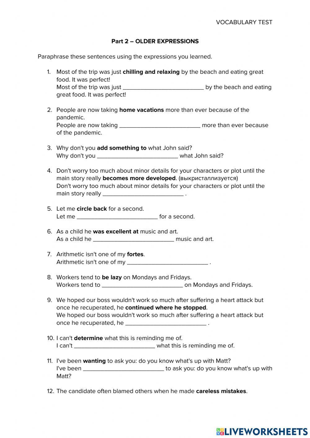 VOCABULARY TEST – PART 2