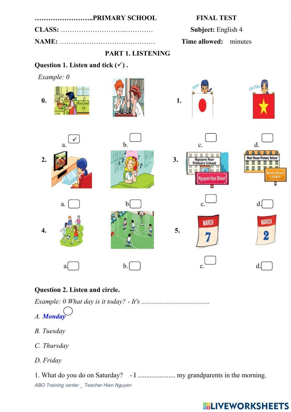 Grade 4 final first term test 3