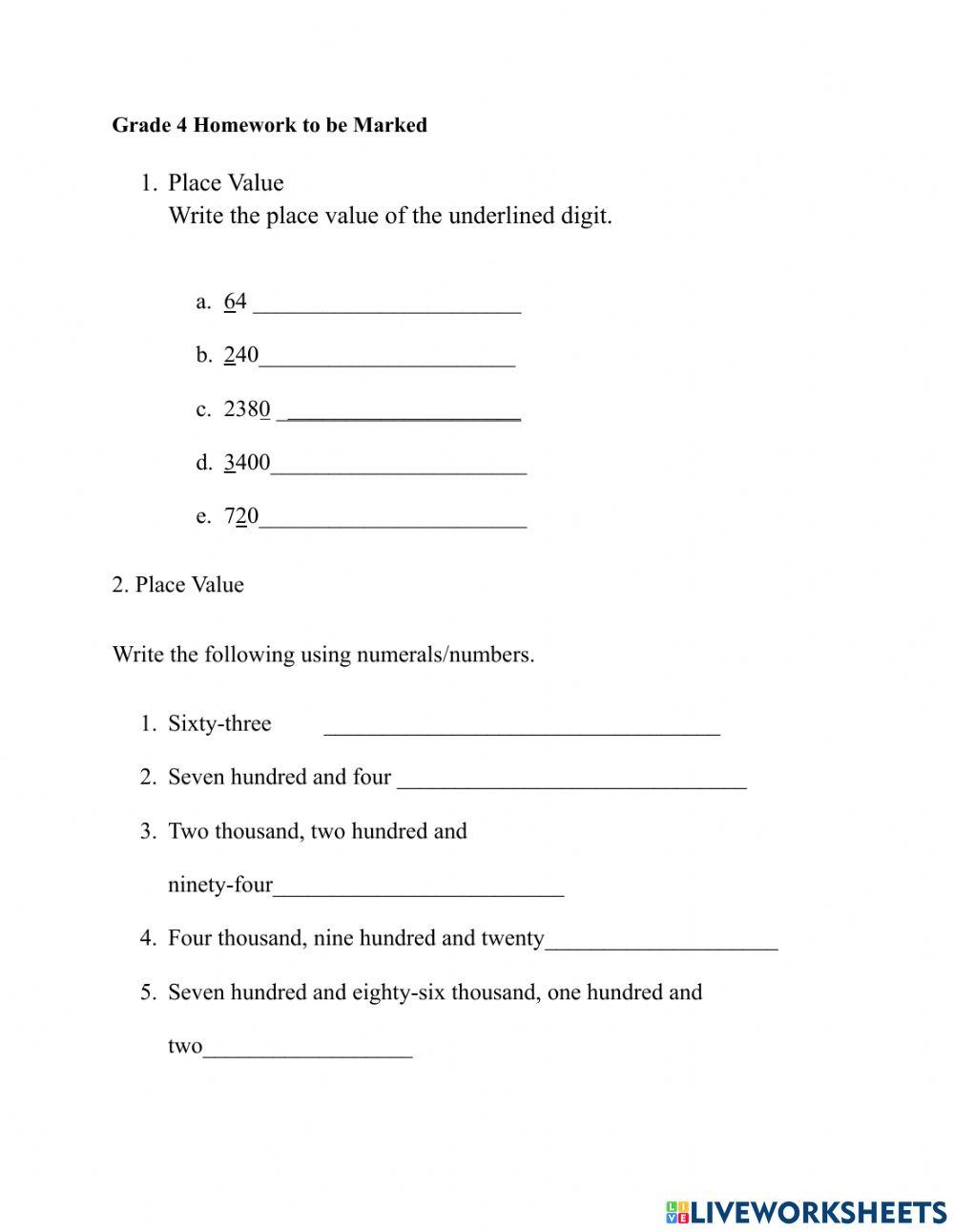 Grade 4 Numbers Homework