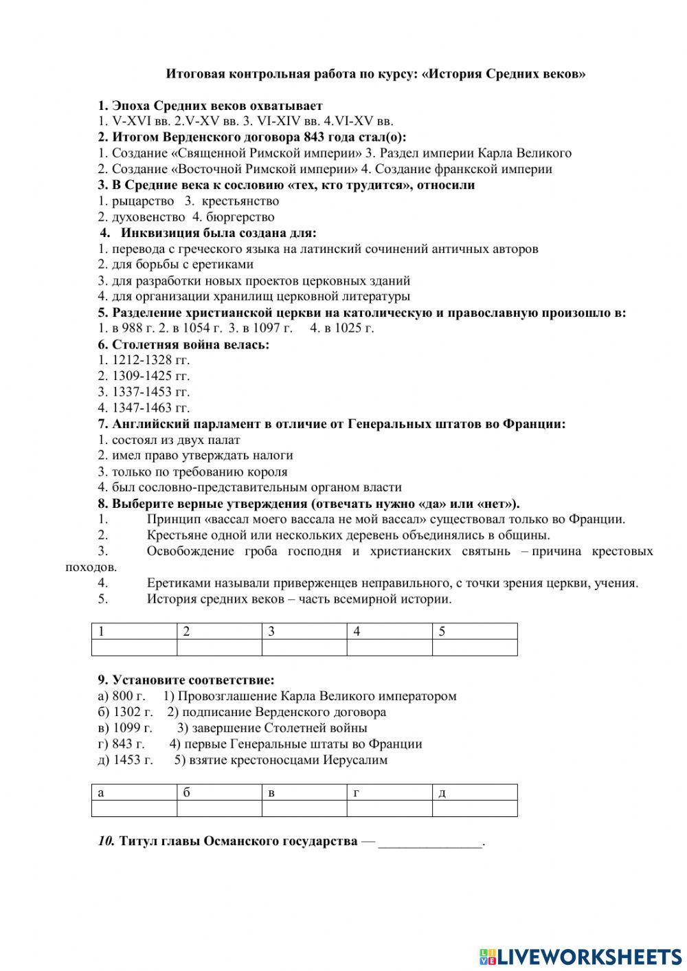 Итоговая контрольная работа по курсу -История Средних веков- (6 класс ...