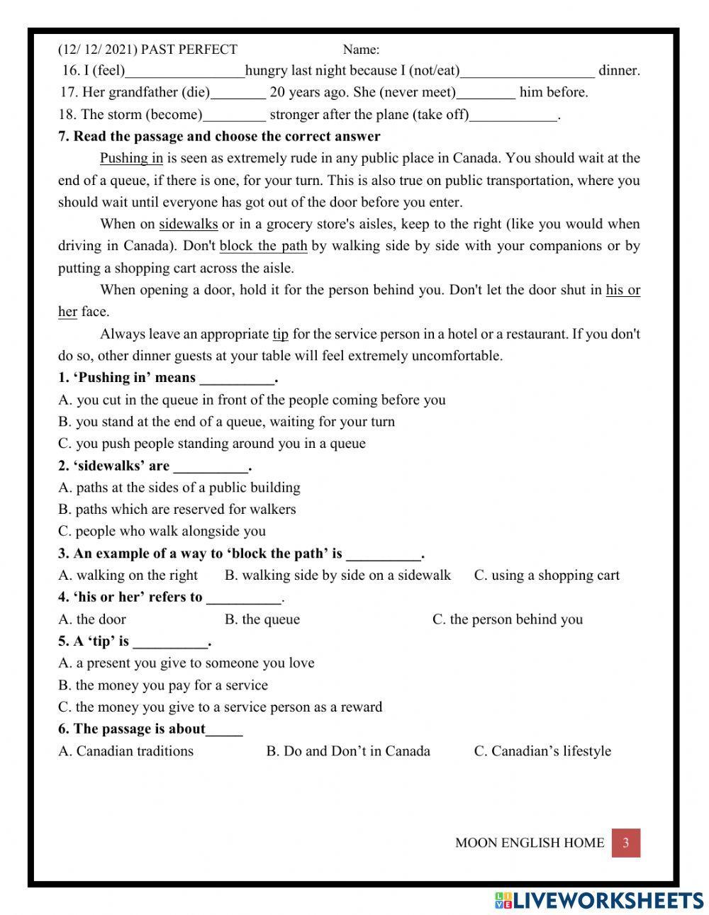 Grade 8- Past Perfect