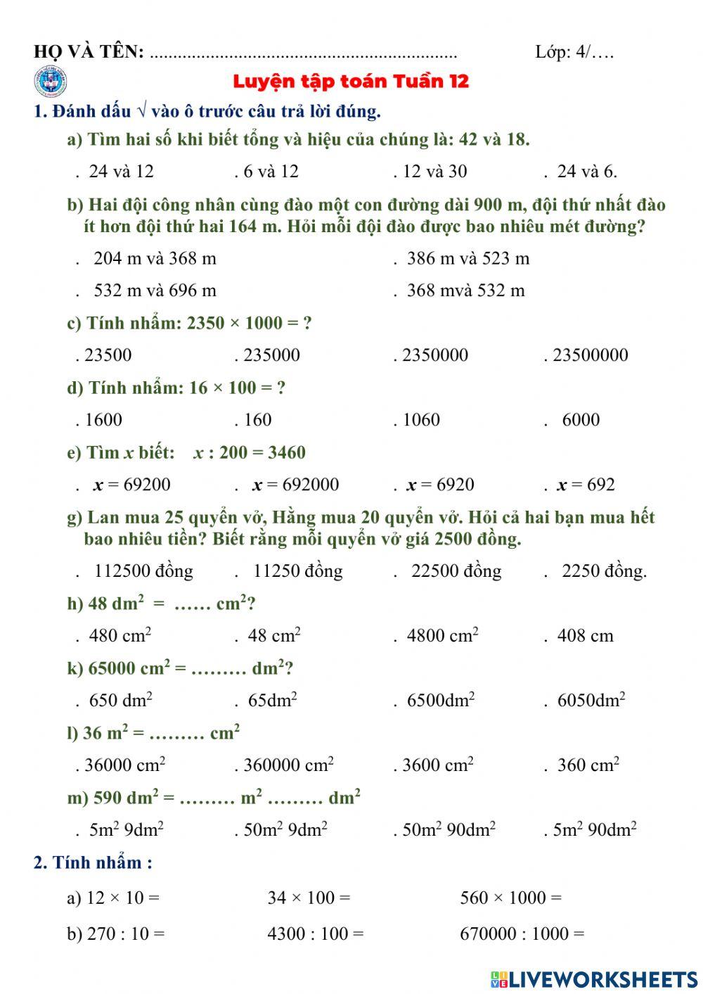 Toán lớp 4 tuần 12