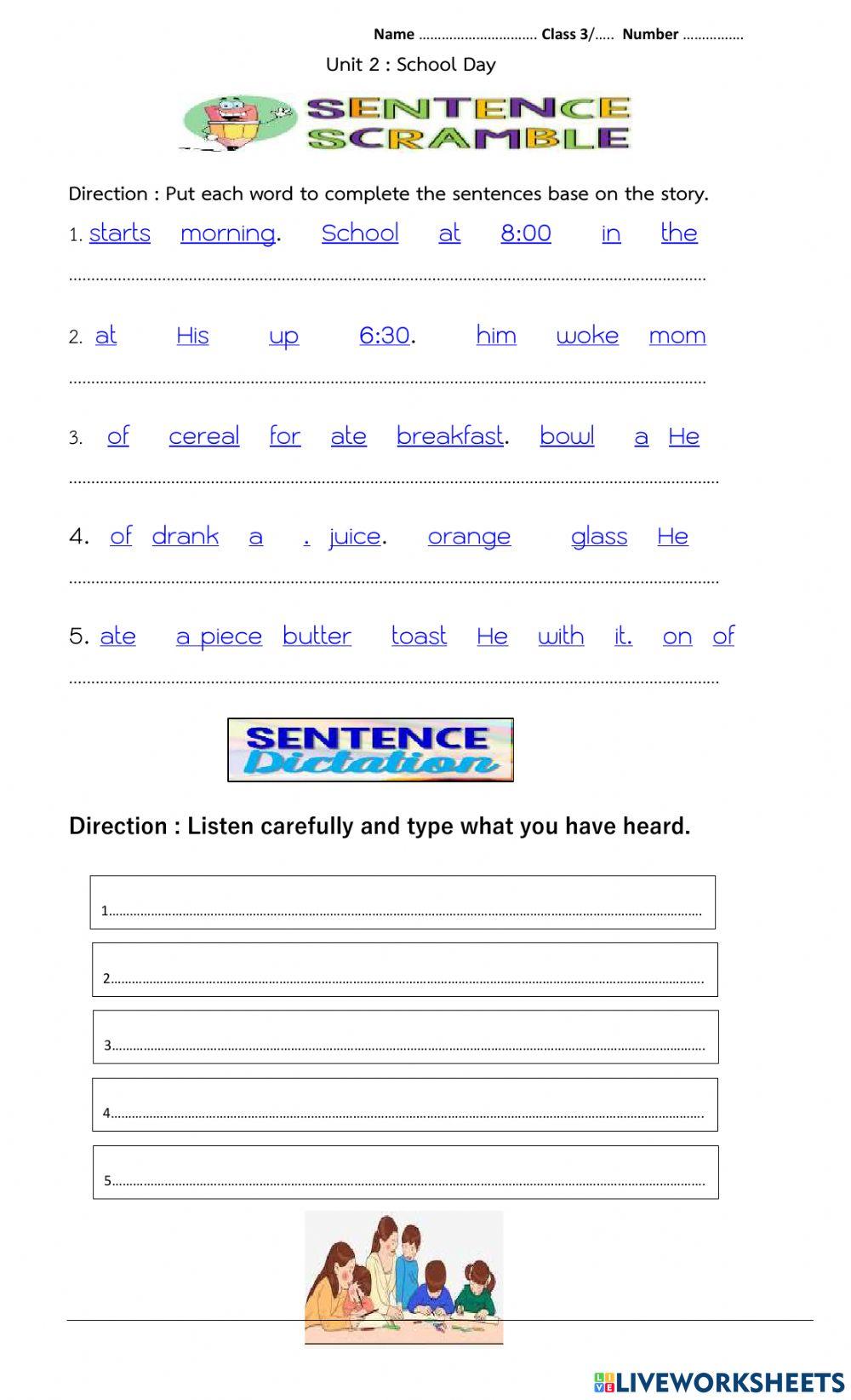 U2 School day : scramble dictation crossword online exercise for Live