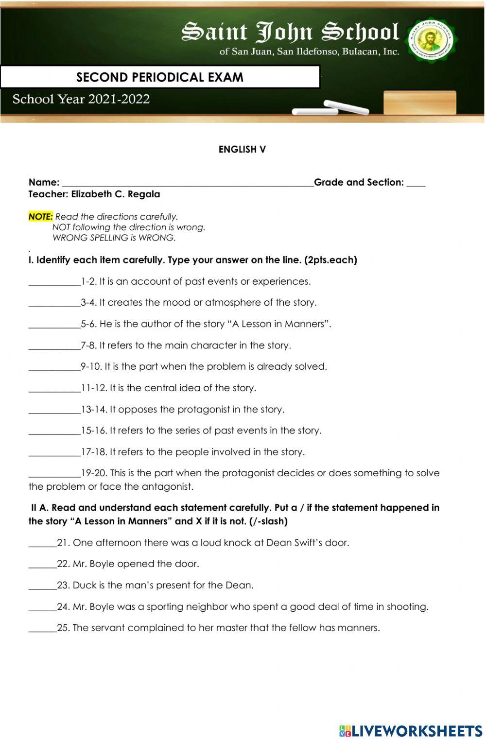Second Periodical Exam in English V