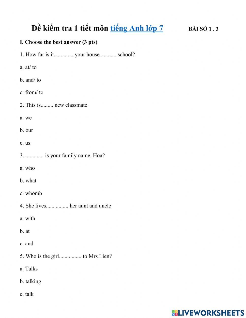 Enlish 7 - test 1.3 - semester 1