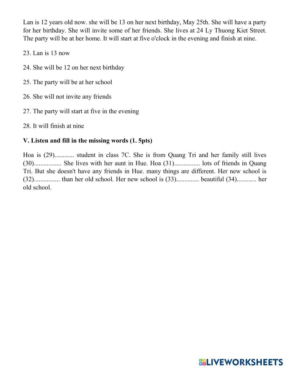 Enlish 7 - test 1.3 - semester 1