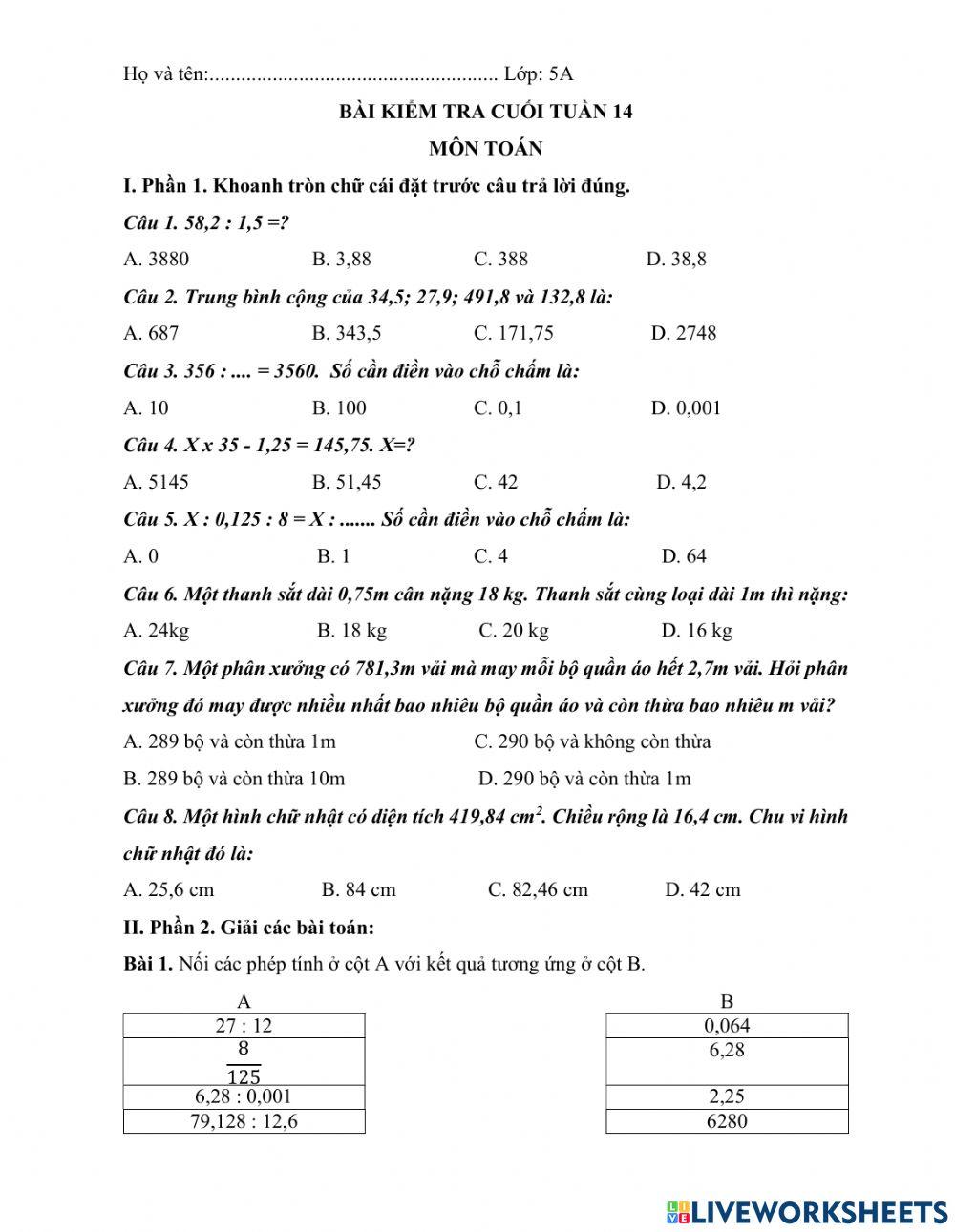 Đề kiểm tra Toán tuần 14 - Lớp 5A
