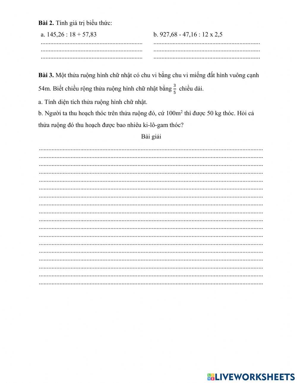 Đề kiểm tra Toán tuần 14 - Lớp 5A