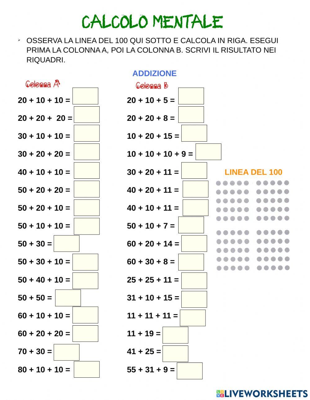 Calcolo mentale: addizioni