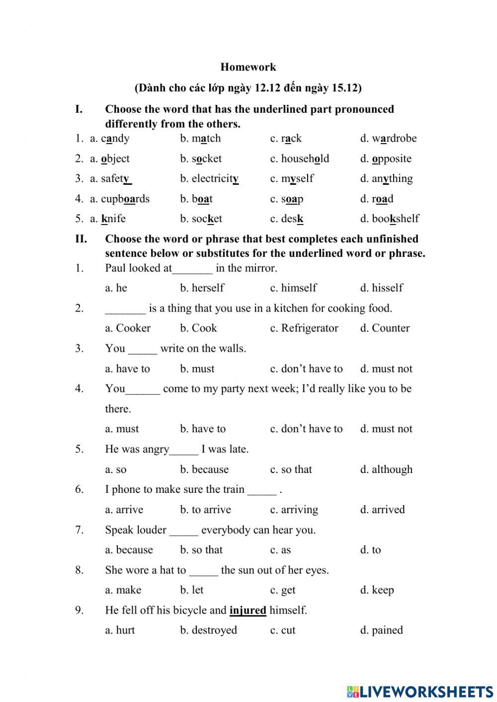 Homework for teens online exercise | Live Worksheets