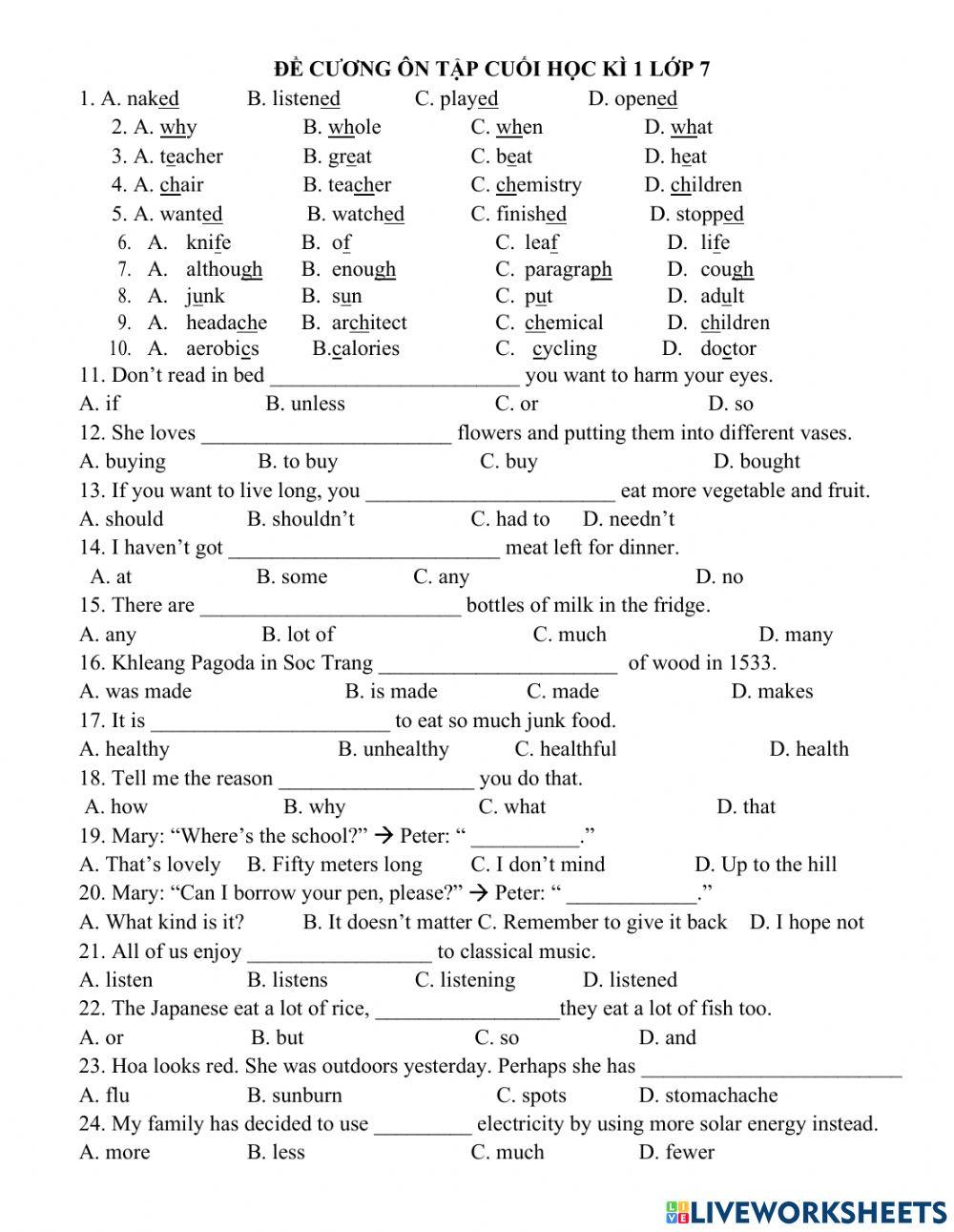 Ôn cuối hk1 lớp 7 lần 2