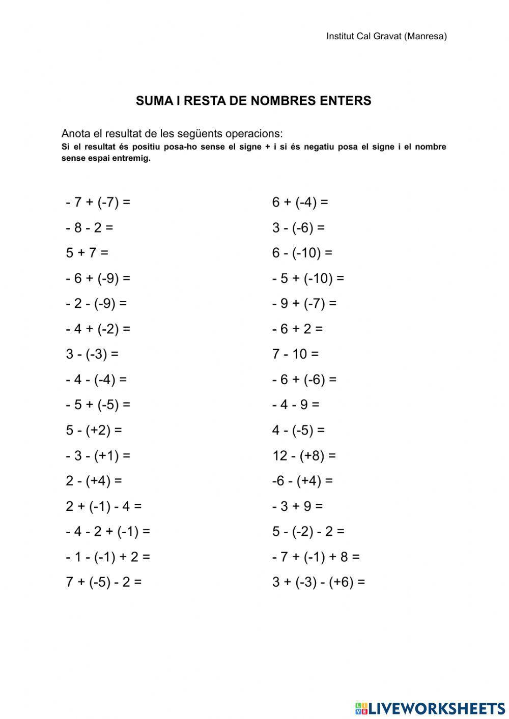 Suma i resta de nombres enters